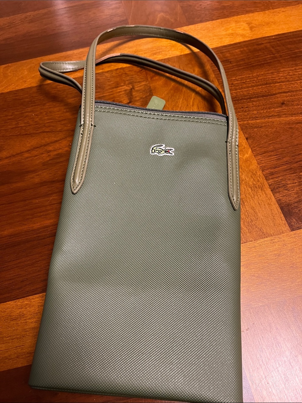 Lacoste Olive Green Vertical Crossbody Bag, PVC, cotton lining